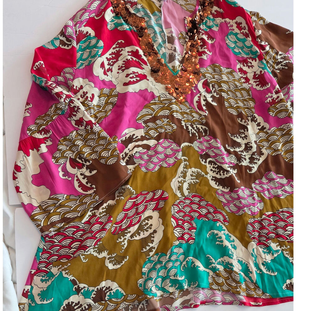 Anna Scholz Japanese Great Wave Kaftan Sequin V Neck Pink Silk Blend Plus 16